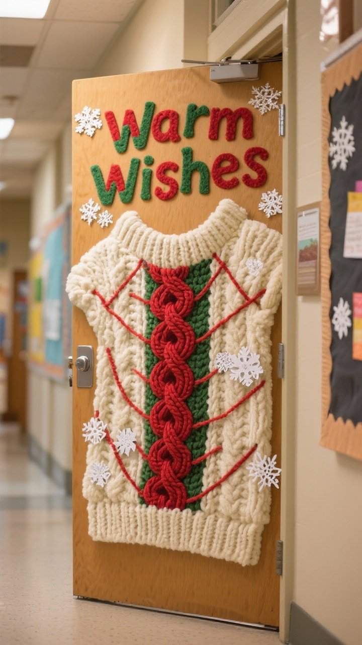 Closeup detail shot of a classroom door styled as a chunky knit sweater: cream fleece base with vertical panels of red and green cable-knit patterned wrapping paper, wide yarn “stitches” crossing the seams, delicate student-made paper snowflakes scattered, and felt letters spelling “Warm Wishes” centered near the top; soft, warm ambient hallway lighting emphasizing cozy textures; straight-on view.