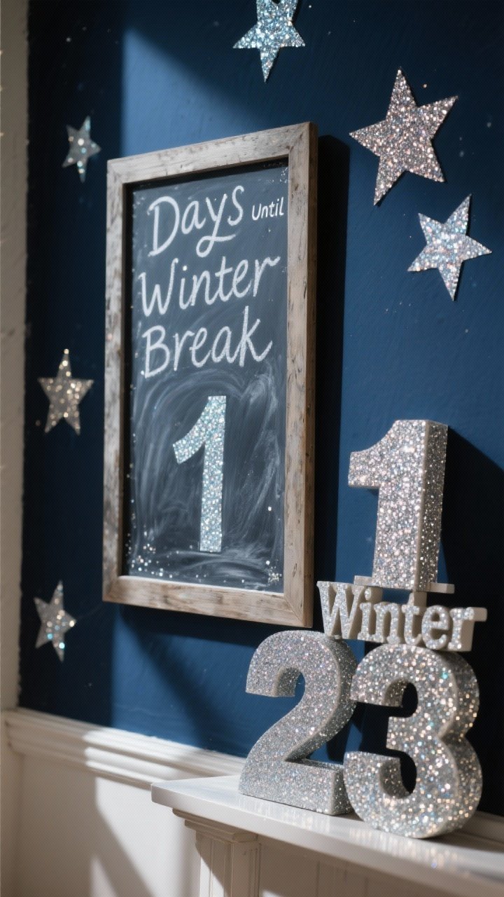 Closeup detail shot of a countdown feature: deep navy background with glitter cardstock stars, a chunky framed chalkboard square displaying the daily number, large glittery numerals stacked nearby, header letters reading “Days Until Winter Break”; chalk dust texture on the board and shimmering highlights on glitter; directional light from the left to make the sparkle pop; tight framing on the countdown area.