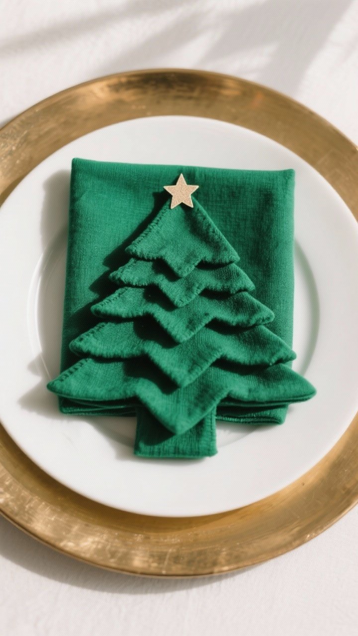 Closeup overhead shot of a neatly folded square linen napkin shaped into a layered Christmas tree in rich emerald green, fanned downward with crisp edges; topped with a tiny star sticker; set on a contrasting white plate over a warm brass charger to make the green pop; clean background, soft natural daylight, festive but understated.