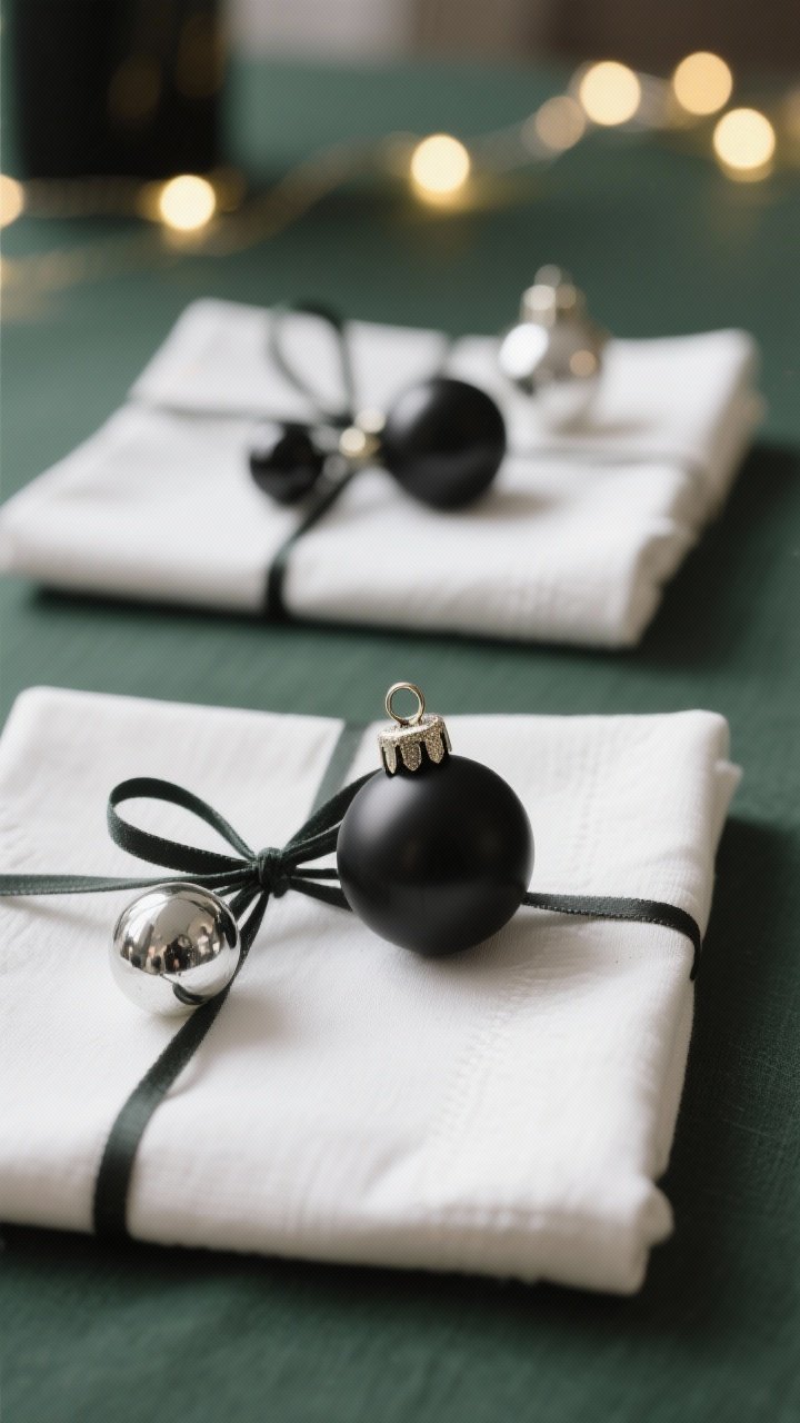 Closeup three-quarter angle of napkins transformed into little gifts with tiny ornaments: matte black and mercury glass mini baubles tied on with narrow ribbon and attached to simple rings; ornaments lightweight, placed slightly off-center on white or forest napkins; tight two-tone palette for a curated look; soft twinkle from distant string lights, photorealistic.