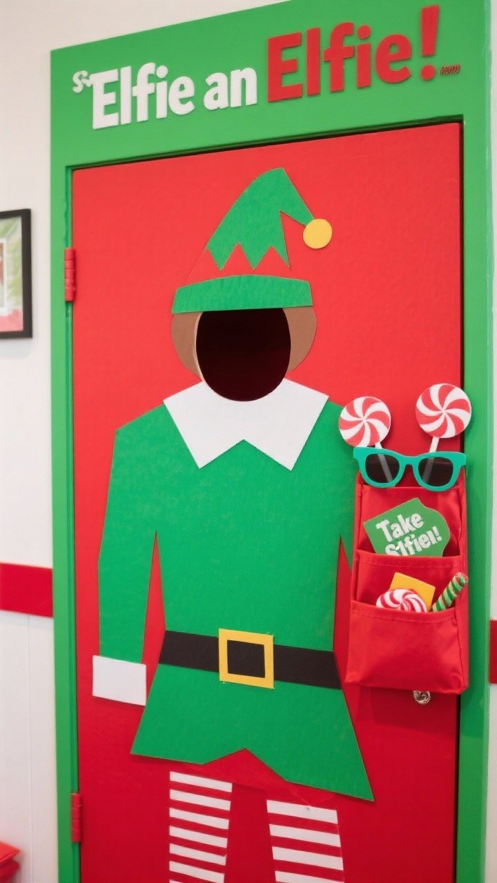 Detail closeup of an “Elfie Station” door prop area: vivid green and red paper forming a life-sized elf torso with a neatly cut face hole, paper props—peppermint lollipops, oversized glasses, and funny signs—organized in a pocket on the side with “Take an Elfie!” lettering above; bright, playful colors with matte paper texture; straight-on view focusing on cutout edges and prop details.