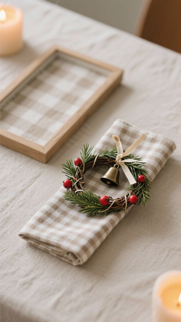 Detail shot of a folded napkin slipped through a mini greenery wreath napkin ring: the wreath formed from floral wire wrapped with fresh cedar, tiny red berries, and a small bell with a short ribbon tail; styled two ways in frame—on a gingham napkin for cozy cottage vibes and on a plain linen napkin for modern elegance; neutral tabletop, warm candlelit glow, photorealistic texture.