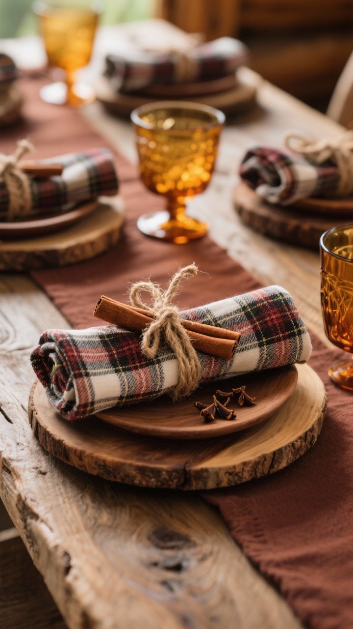 Medium shot at a rustic table setting featuring tartan/plaid napkins rolled and wrapped with natural jute twine; each bundle tucked with a cinnamon stick and a few whole cloves for cozy scent; paired with solid runner, wood chargers for texture, and amber glassware catching warm afternoon light; rich, cabin-like mood, photorealistic.