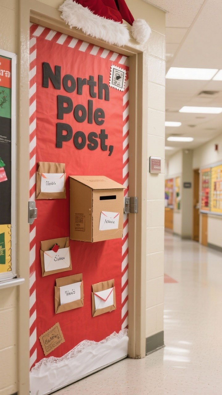 Medium shot of a classroom door transformed into Santa’s Mail Station: red craft paper base with white postal stripes and faux stamps, a sturdy small cardboard mailbox attached at child height, mini envelopes and paper pockets labeled with student names arranged around the door, bold lettering reading “North Pole Post,” kraft accents and brown paper trim; bright school corridor lighting; slight angle from the right to show mailbox depth.
