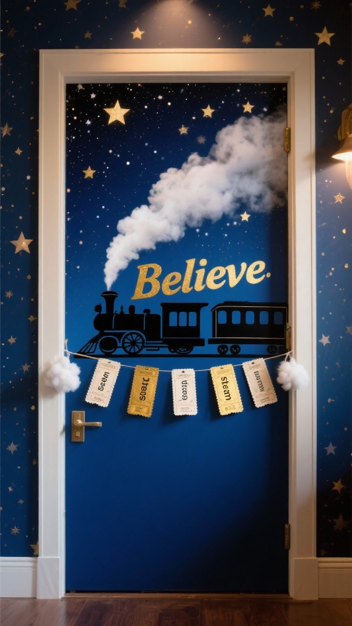 Medium shot of a Polar Express Ticket door: midnight blue background speckled with stars, a simple black train silhouette running across the bottom (engine plus two cars), large gold tickets attached along the cars with each student’s name, white cotton “steam” puff rising diagonally into the starry sky, and bold lettering reading “Believe”; cool, magical lighting with slight vignette; straight-on view capturing the full train and ticket details.