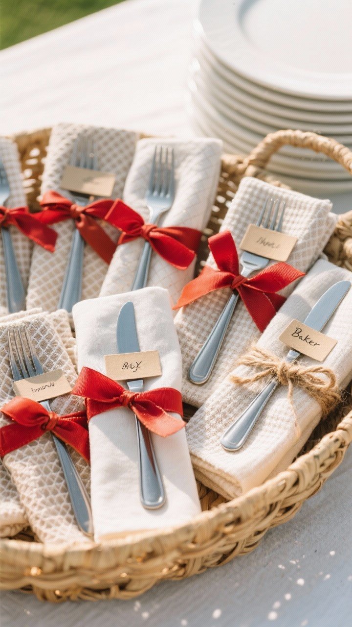 Overhead basket scene: multiple sets of casual buffet-ready napkins wrapped around flatware, tied with varied ties—scarlet ribbon, slim leather cord, and baker’s twine; napkins are textured (waffle weave and thick cotton) and each includes a small name tag; arranged neatly in a wicker basket beside a stack of plates; bright, practical daylight, clean and portable vibe.