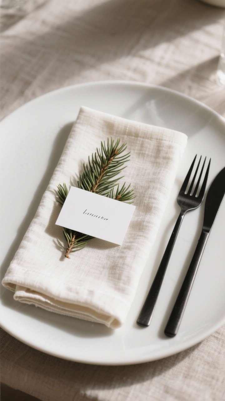 Overhead medium shot of a crisp white or oatmeal linen napkin folded into a clean rectangle, with a fresh cedar or pine evergreen sprig and a minimalist white name card tucked into the fold; styled on a matte white plate with matte black flatware arranged beside it for Scandi-cool contrast; neutral table linen, cool daylight, minimal composition, subtle natural shadows.