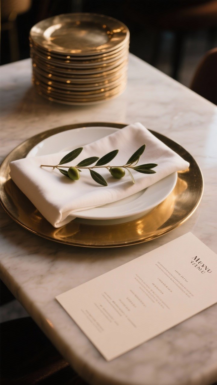Overhead wide shot of a luxe table stack: metallic charger, white dinner plate, flat-folded linen napkin, and a printed menu on heavyweight cardstock with a simple serif font; a sprig of olive or eucalyptus laid across the menu; restrained color palette with brass accents; balanced composition under soft, diffuse evening lighting for a high-end restaurant feel.