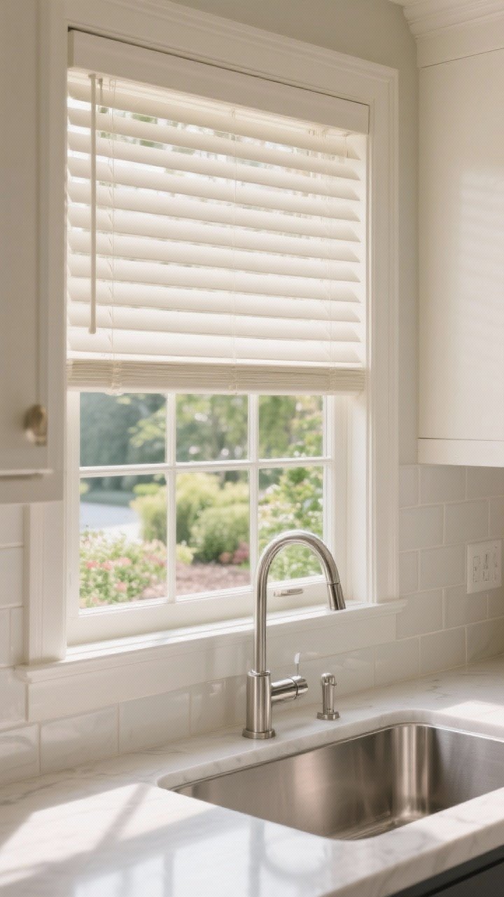 Photorealistic closeup detail of faux wood blinds with 2-inch slats in a warm white tone matched to the window trim; slats tilted to reduce glare while keeping a garden view visible; moisture-resistant sheen near a stainless sink and backsplash; cordless lift for a clean silhouette; crisp, classic lines with subtle shadows on the countertop.