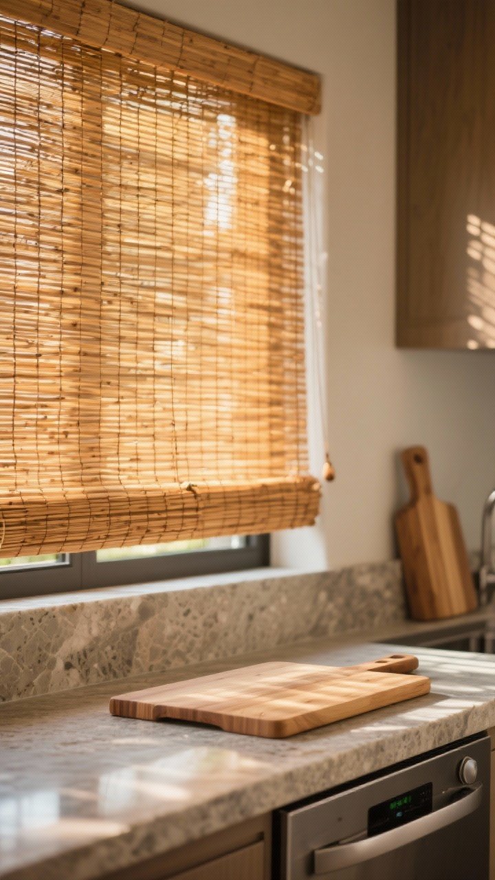 Photorealistic closeup detail of woven wood/bamboo shades with a tight-to-medium natural weave, warm honey tones, filtering golden hour sunlight onto a stone countertop; include a cutting board whose tone matches the shade; cordless, clean profile; stainless appliance edge visible softly in background; focus on earthy texture and filtered, dappled light.