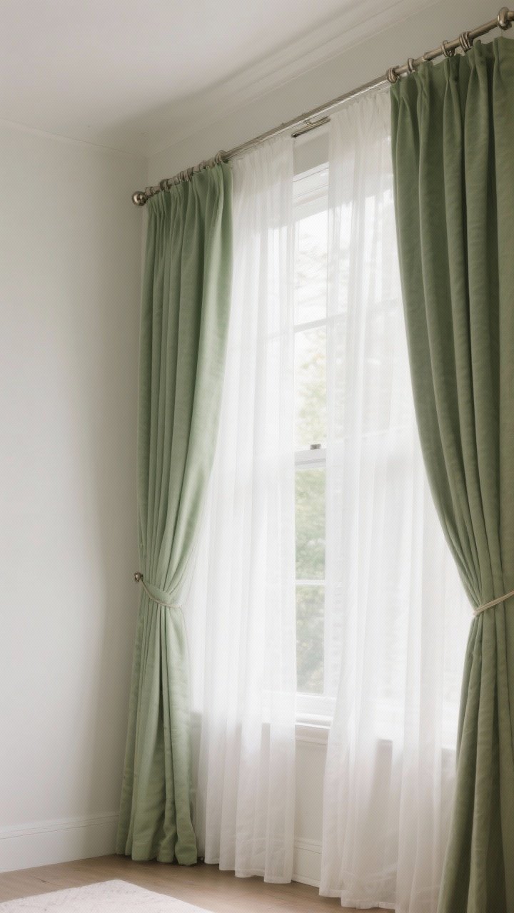 Photorealistic corner-angle medium shot showing layered window treatments: extra-wide airy white sheers spanning the window with gentle, full pleats, plus narrow side panels in a muted sage green on either side with inverted pleats; panels end just at the sill for practicality; natural daylight softened by sheers; standard rods and brackets in brushed nickel; balanced, designer-like composition.