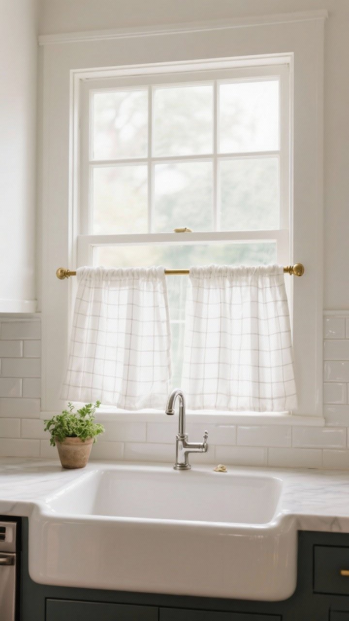 Photorealistic medium shot of a cozy kitchen sink window with classic cafe curtains covering only the lower half, made of lightweight white linen with subtle gingham pattern; mounted on a slim brass tension rod between glossy white subway tile sides; morning natural light flooding through the uncovered top half, casting soft glow on a ceramic sink and chrome faucet; include a small potted herb on the sill; clean, unfussy lines, breezy vibe, no people.