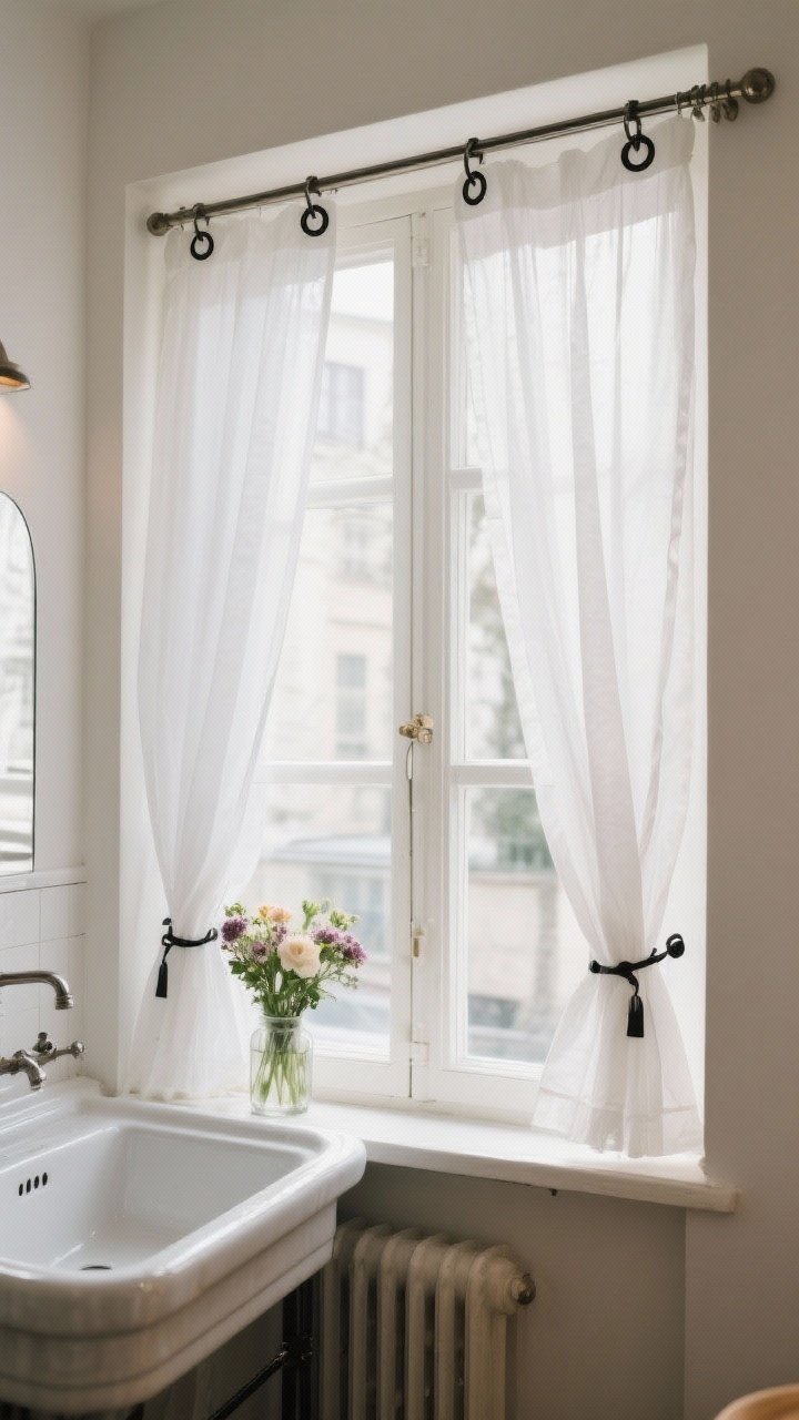 Photorealistic medium shot of a window dressed with short, floaty panels on a slim café rod mounted halfway up the frame; panels in lightweight white voile attached with black clip rings for easy removal; French bistro vibe over a porcelain sink, with a small vase of flowers on the sill; soft, casual daylight; budget-friendly charm.