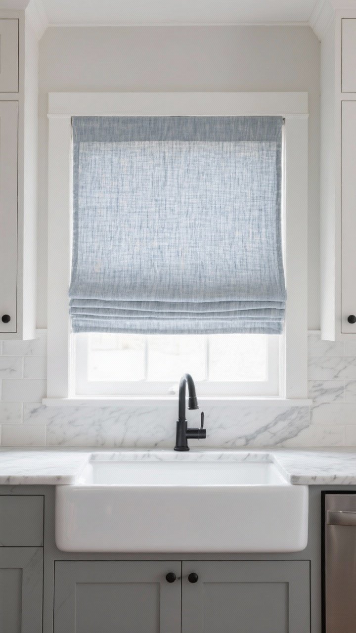 Photorealistic straight-on medium shot of a kitchen window featuring a tailored Roman shade in woven linen, light gray chambray texture, mounted above the frame to elongate the window; shade half-lowered for controlled soft light; positioned over a sink area to keep fabric out of splash zone; matte black hardware, marble countertop, and painted shaker cabinets; calm, polished mood.
