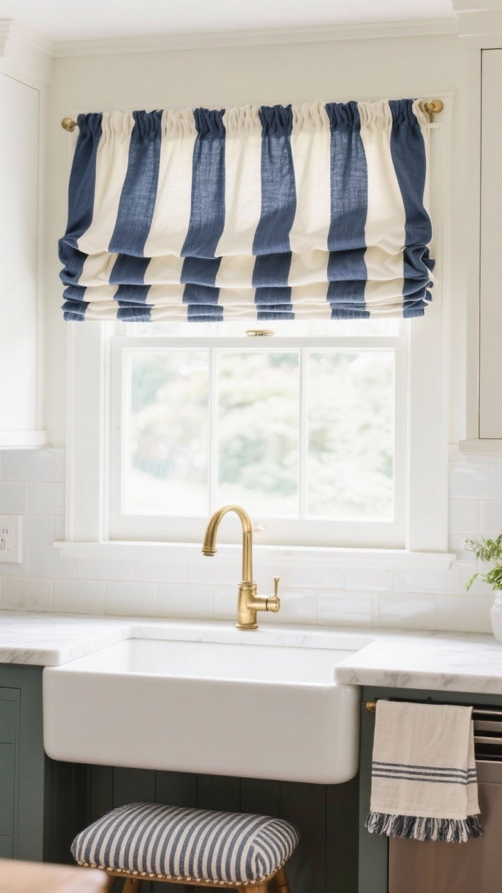 Photorealistic straight-on medium shot of a kitchen window framed by a soft fabric valance in a bold navy-and-cream stripe, tailored box-pleat construction for a clean look; the valance visually lifts the window above a farmhouse sink and brass gooseneck faucet; matching striped seat cushion and coordinated tea towel nearby; bright, cheerful daylight bouncing off a light backsplash.