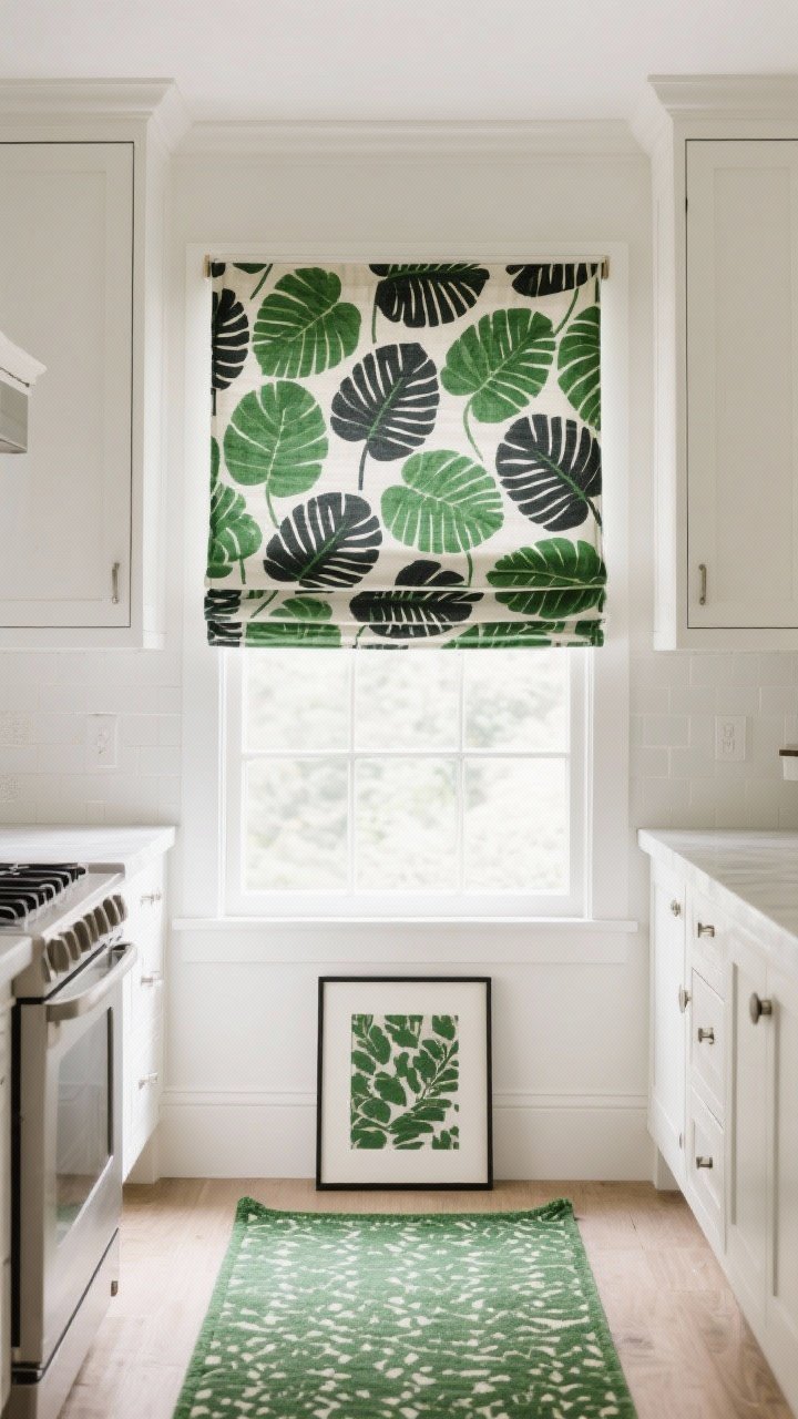 Photorealistic straight-on medium shot of a kitchen window with an outside-mounted Roman shade in a bold botanical block print—deep green leaves and charcoal accents on an off-white ground—serving as a focal point against simple white shaker cabinets; shade fully lowered but glowing with daylight; color echoed subtly in a green runner rug and a framed print; confident, patterned statement.