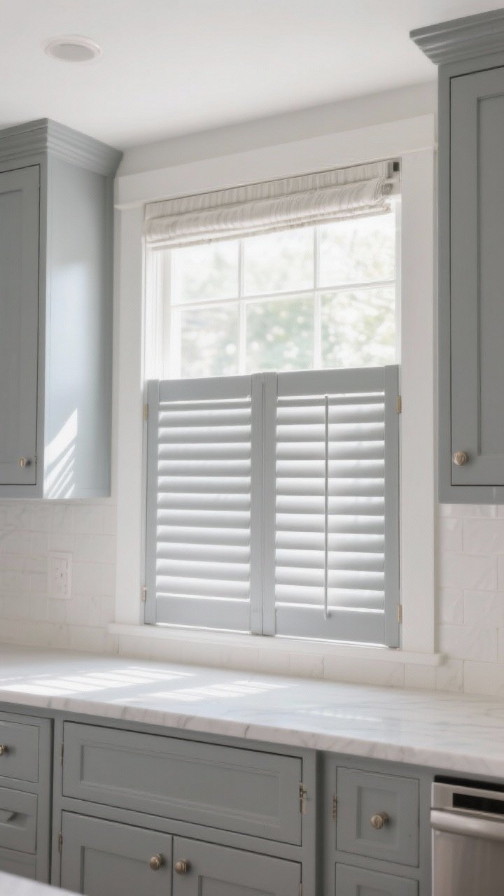 Photorealistic straight-on medium shot of interior plantation-style shutters painted to match soft gray cabinetry, covering a bright kitchen window; louvers partially tilted to control intense afternoon sun, casting elegant stripes of light; café-style lower shutters open while upper portion remains clear; no fabric in sight, architectural charm emphasized.