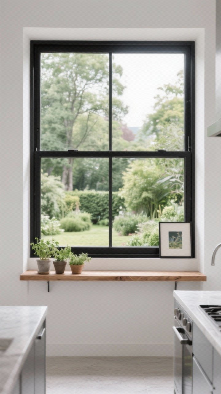 Photorealistic wide shot of a minimalist kitchen window left bare to showcase a lush garden view; the window trim painted in a contrasting matte black for graphic definition; a slim oak shelf across the lower frame holds small potted herbs and a tiny framed artwork; maximum natural light, Scandinavian-modern mood, zero fabric.