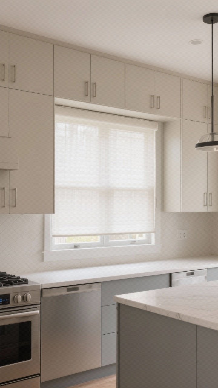 Photorealistic wide shot of a modern kitchen with inside-mounted sheer roller shades in a light-filtering ivory fabric across a set of windows near upper cabinets; the shades nearly disappear when rolled up, one window partially lowered to diffuse light; streamlined hardware, wipeable material; neutral palette with sand and light gray accents; calm, minimal mood with crisp edges.