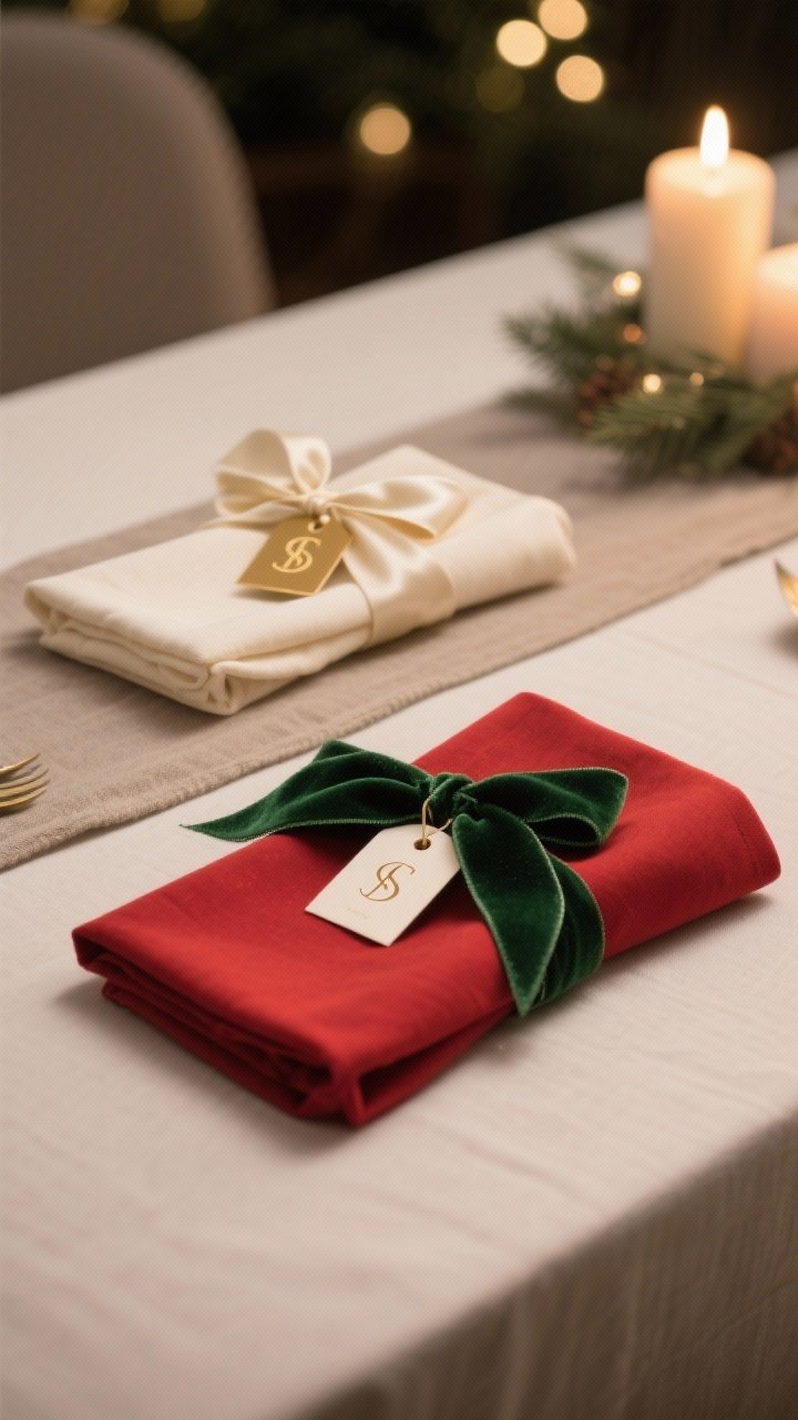 Straight-on medium shot of ribbon-wrapped napkins serving as place cards: one set in monochrome elegance (cream linen napkin + cream silk ribbon + small gold monogram gift tag), and another with bold contrast (red napkin + forest green velvet ribbon + initial tag); placed on a simple holiday table with neutral runner; soft evening ambient light with gentle bokeh from candles, photorealistic.