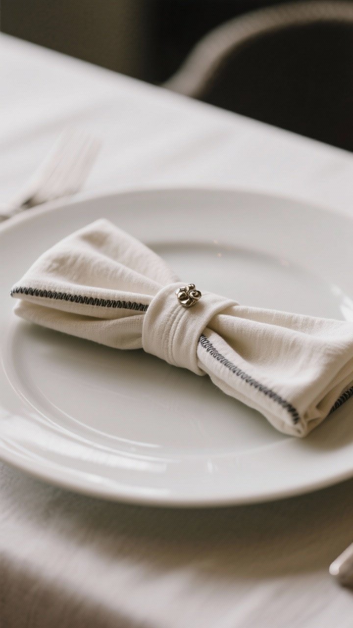 Three-quarter angle closeup of a structured linen napkin folded into a long strip and tied into a chunky, crisp bow, placed horizontally across the center of a plate like a present; the napkin features contrast piping, with a tiny metallic ornament nestled at the bow’s center; minimal surrounding tablescape to let the bow be the focal point; gently steamed look, soft directional light.