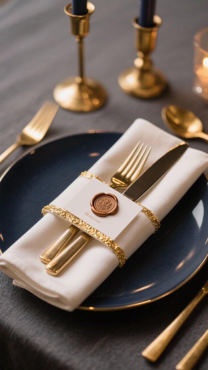 Tight detail shot of a sleek rectangular-fold napkin with delicate gold metallic edging, presented with an elegant knife-and-fork tuck; styled atop a deep-toned plate in navy or charcoal so the shimmer stands out; matching gold flatware and brass candleholders in soft focus; a small place card crowned with a mini wax seal; gentle evening candlelight adds subtle gleam.