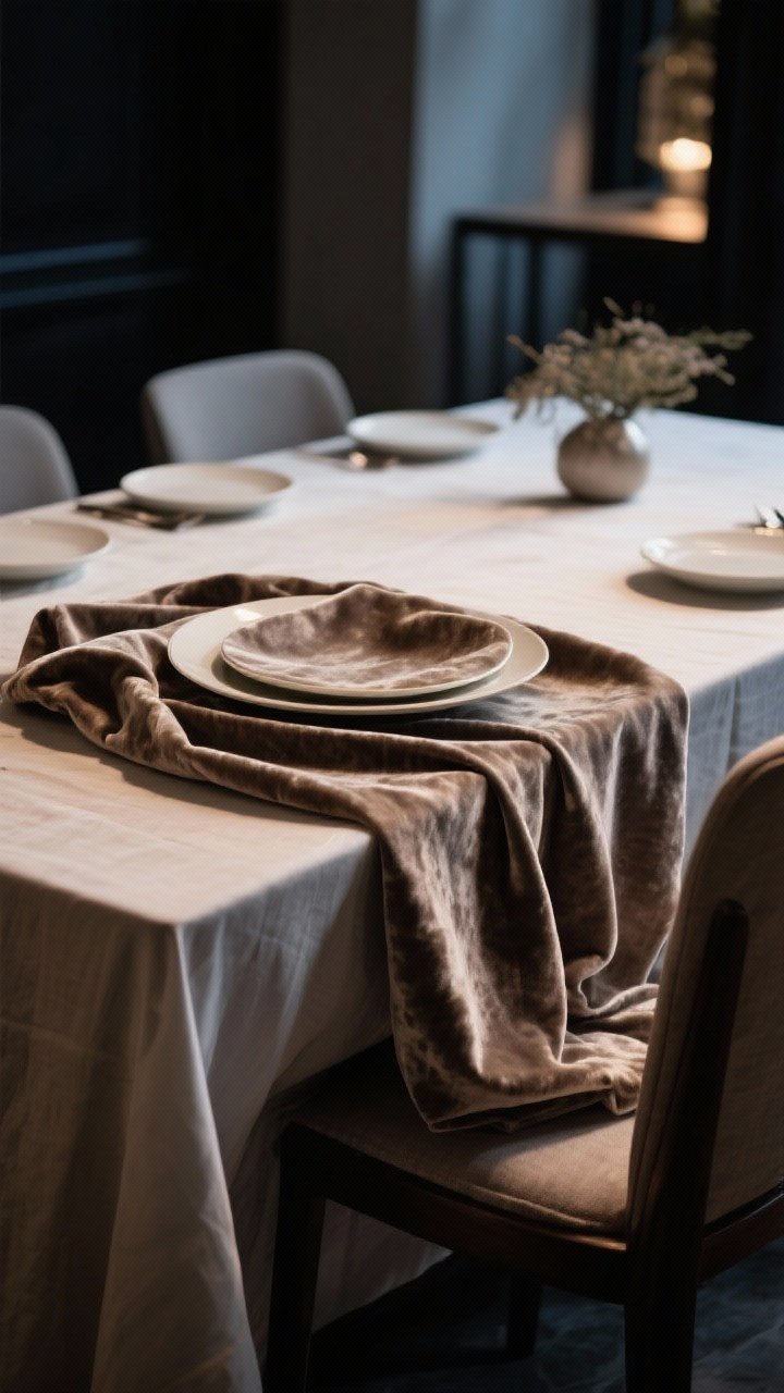 Wide, editorial-style dining table shot showcasing the luxe napkin drape: an oversized linen or washed velvet napkin placed under the dinner plate and cascading over the table edge with fluid movement; rich fabric texture in focus, carefully positioned to avoid chair interference; rest of decor streamlined—simple plates, minimal centerpiece; soft directional evening light for dramatic, elevated mood.