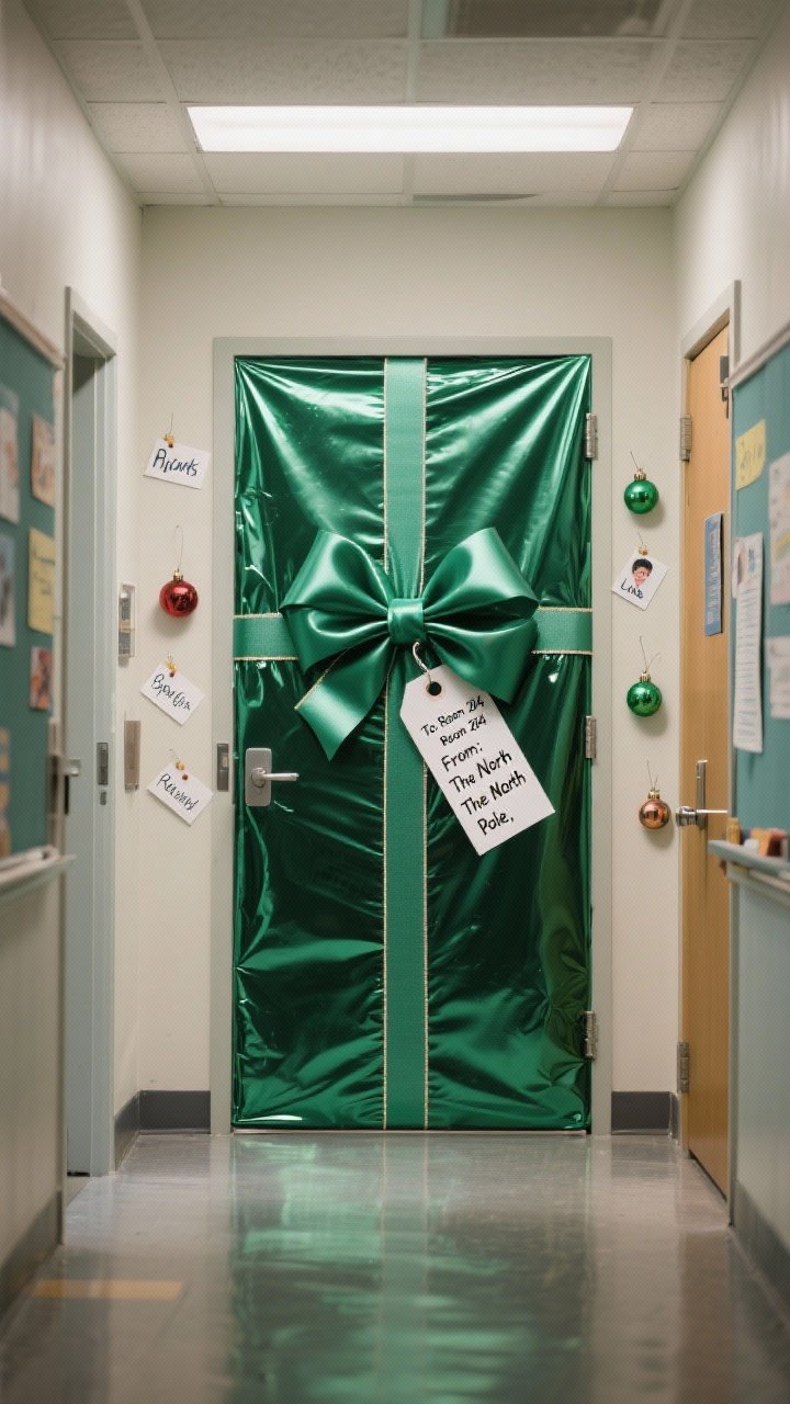 Wide shot of a classroom hallway featuring a door wrapped like a giant present: metallic emerald wrapping paper neatly applied, two wide wired ribbons crossing perpendicularly, an oversized statement bow anchored with a discreet command hook, a large gift tag reading “To: Room 204, From: The North Pole,” plus clustered mini gift tags with student names like ornaments near the bow; crisp, even lighting; straight-on framing for symmetry.