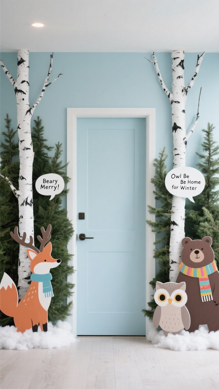 Wide shot of a Winter Woodland door scene: pale blue background with layered green firs and white birch trunks detailed with black marker, soft cotton batting snow along the base, friendly critter cutouts (fox, deer, owl, bear) wearing colorful scarves; speech bubbles like “Beary Merry!” and “Owl Be Home for Winter”; neutral, calming palette with soft ambient lighting; straight-on composition for a serene, balanced look.